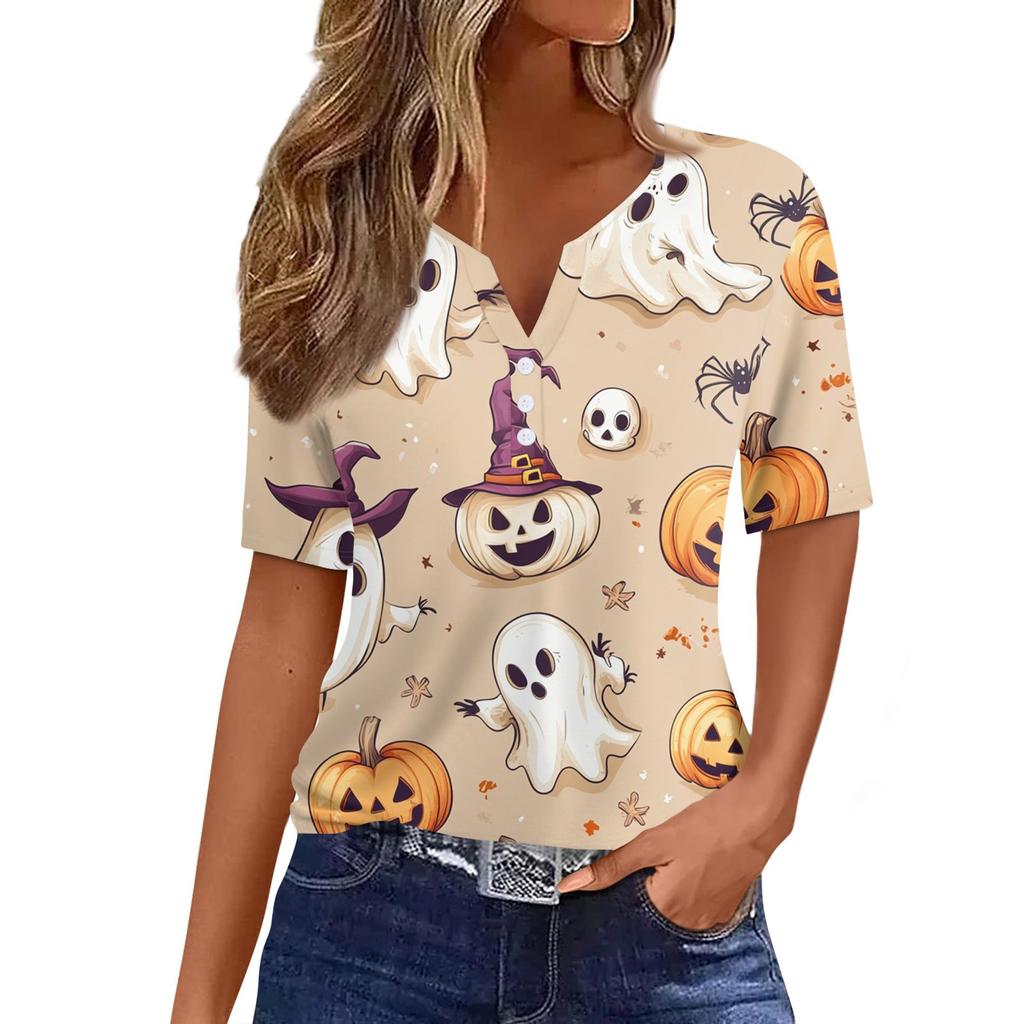 Women's T Shirt Tee Halloween Printed Button Short Sleeve Tunic Daily Weekend Fashion Basic V- Neck Regular Top