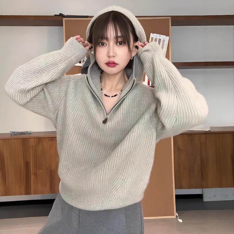 Hooded half-zipper sweater women's new winter lazy high-end retro knitted jacket long-sleeved top