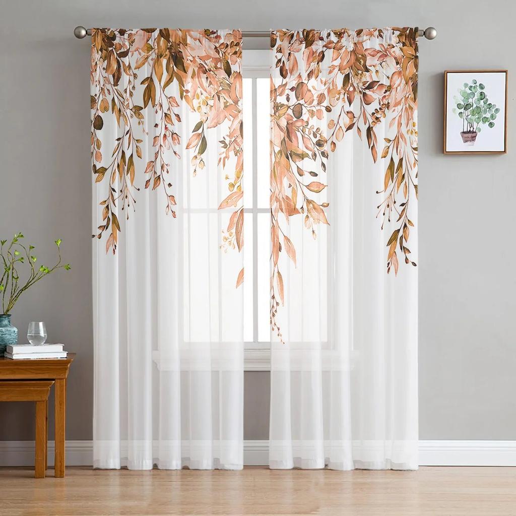 Flower Watercolor Leaf Bud Window Curtains For Living Room Bedroom Kitchen Chiffon Sheer Window Treatment