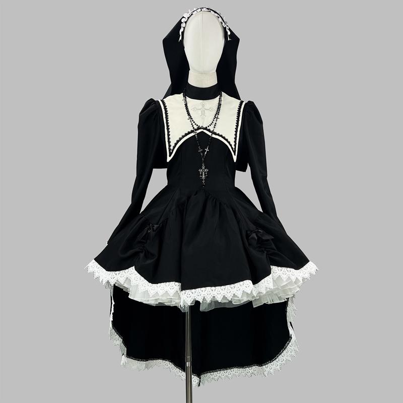 Anime Cosplay Costume Dark Sweet and Cool Embroidered Cross Halloween Nun Costume COS Costume