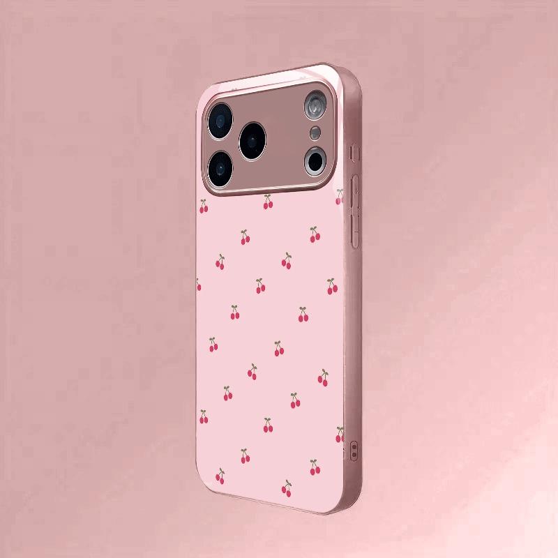 Cute Cherry Pattern Pink Metallic Tempered Glass Phone Case For iPhone 11 12 13 14 15 16 17 Pro Max 15 14 Plus 17 Air 16E Cover