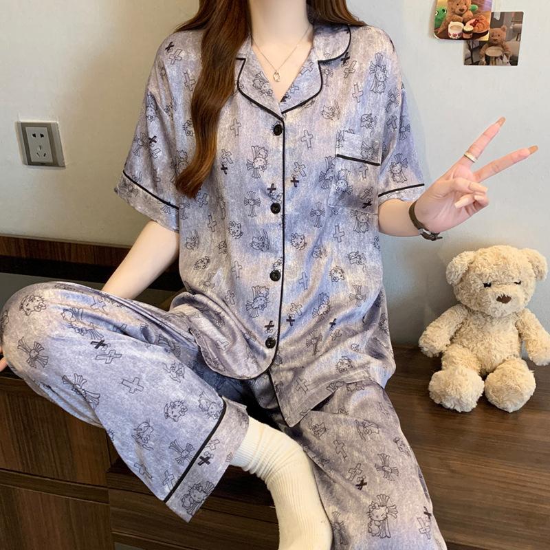 Light Luxury Summer Popular Ice Silk Thin Short-Sleeved Trousers Floral High-End Loungewear Set