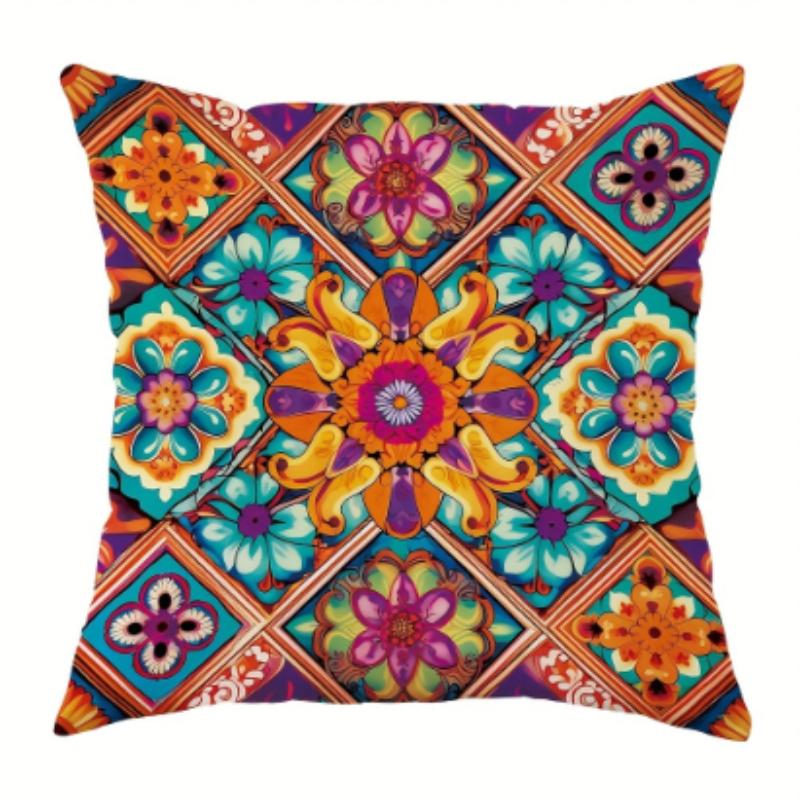 Mandala Flower Pattern Pillow Covers – Bohemian Vintage Design Soft Plush Cushion – For Sofa Living Room Bedroom Home Decor