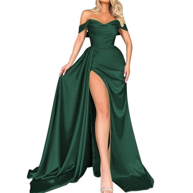 

banquet high split sexy host one-word shoulder thin party evening dress S темно-зеленого