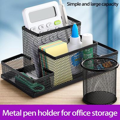 Large Multifunctional Metal Mesh Pen Holder with Multiple Compartments for Office and Student Stationery