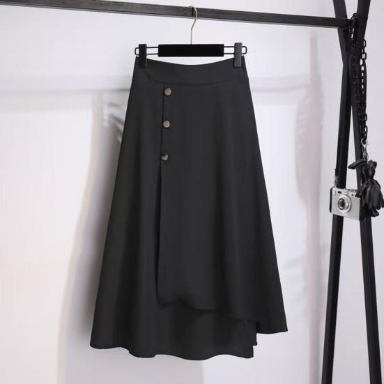 High-Waisted Midi Skirt Buttons Decor Irregular Large Hem A-Line Skirt Solid Color Summer Thin Skirt