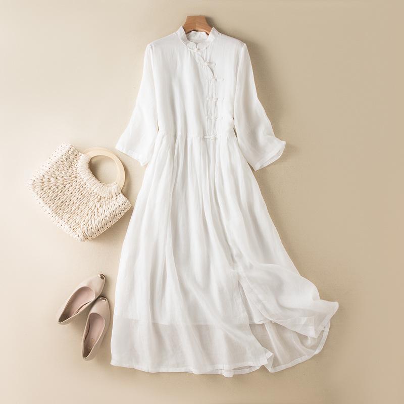 2023 Women s Retro Loose Solid Color Cotton Linen Seven-Sleeve Frog Button Dress with Stand Collar L белый