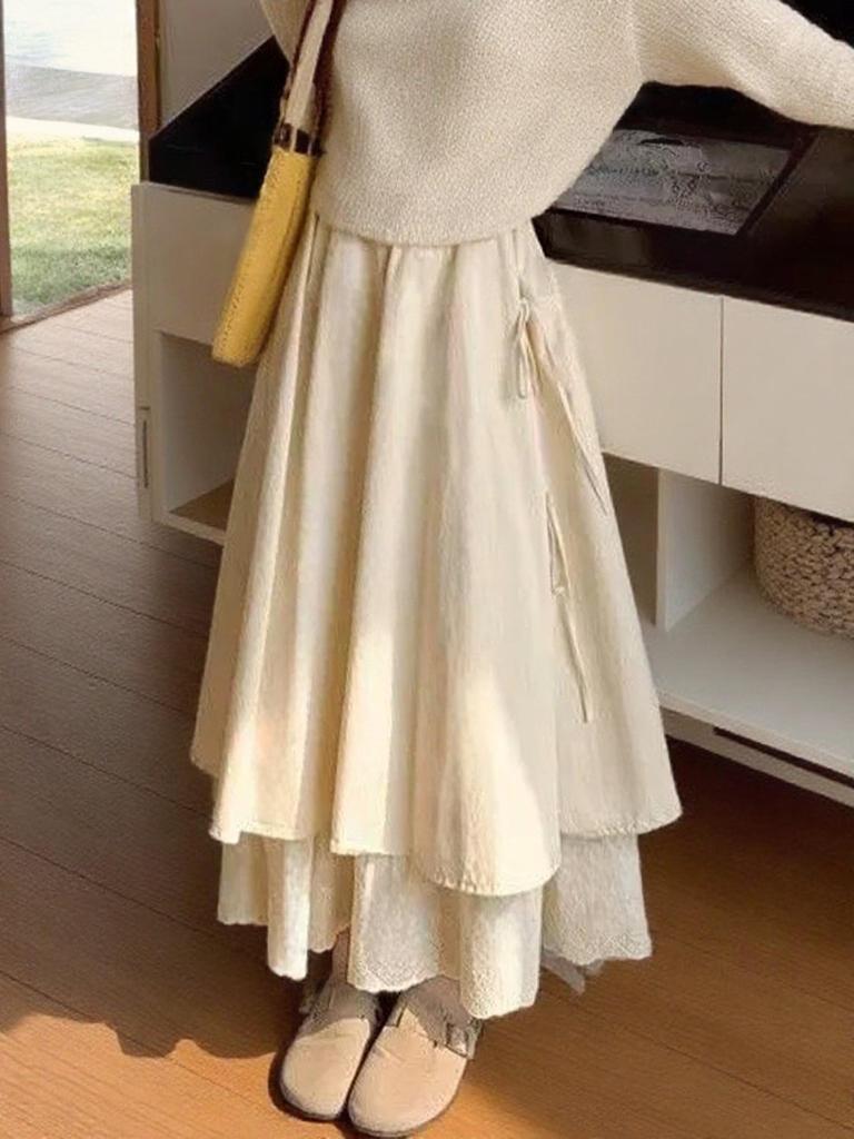 Spring 2026 Women's A-Line Skirt: Elegant Double-Layered Lace Trim Bow High-Waisted Mid-Length Design