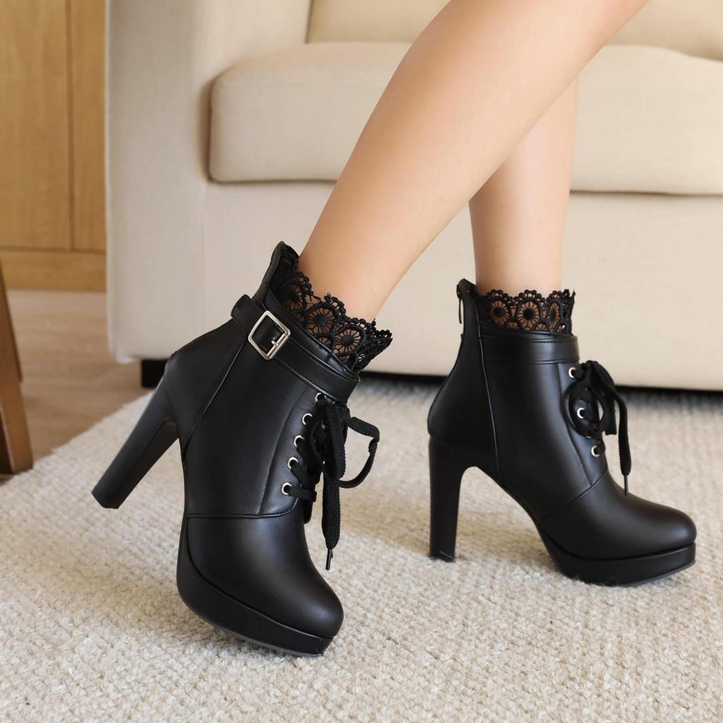 7/Damen-Kurzstiefel mit hohem Absatz, Herbst und Winter, neue Mode, wasserdichte Plattform, dicker Absatz, kurze Stiefel, große Damenstiefel