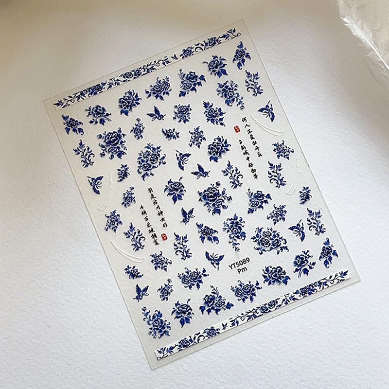 Blue White Porcelain Chinese Style Sticker 3D Self Adhesive Nail Art Sticker Flower Silverback Adhesive Manicure Decal Salon Diy