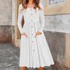 2025 Autumn Cross-Border Women's A-Line Dress - Waist-Cinching, Round Neck, Button Pocket, Knit Long Sleeve