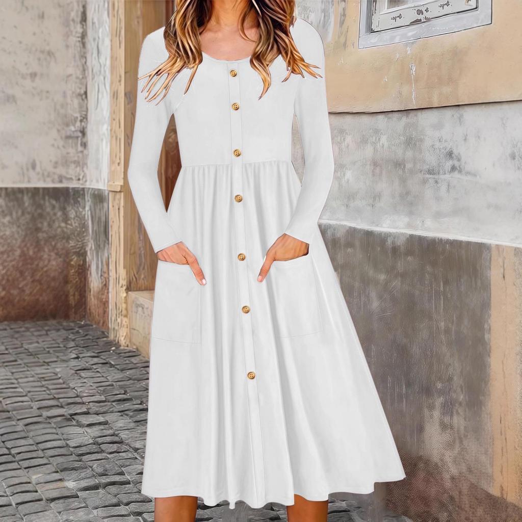 2025 Autumn Cross-Border Women's A-Line Dress - Waist-Cinching, Round Neck, Button Pocket, Knit Long Sleeve