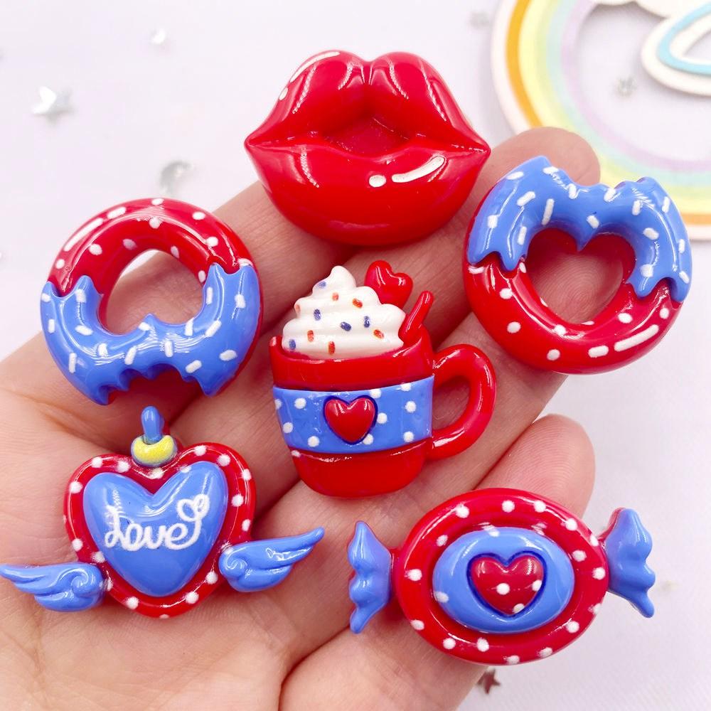 10PCS Resin Colorful Cute Red Candy Love Heart Donut Flat Back Stone Cartoon Scrapbook Figurine DIY Bow Decor Accessories Crafts