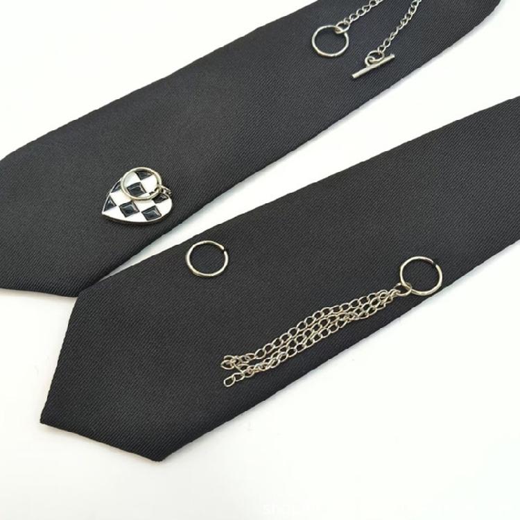 Student Pre Tied Neck Ties Preepy Look Heart Pin Metal Chain Dark Tie Cravat Vintage Neck Wear Accessories