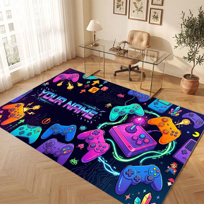 Game Controller Theme Crystal Velvet Floor Rug Personalized Custom Name Text Warm Carpet Home Decoration