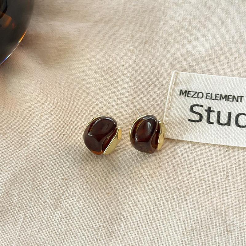 Maillard Coffee Color Amber Earrings Women's Autumn and Winter High-end Commuter Style Earrings Light Luxury Niche Design Earrings