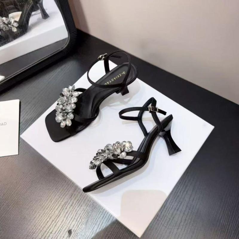 Crystal Women Sandals New Luxury High Heels Shoes Square Toe Summer Slippers 2026 Sexy Brand Woman Slingback Pumps