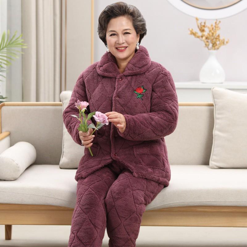 Womens Coral Fleece Quilted Pajama Set Winter Warm Flannel Loungewear
