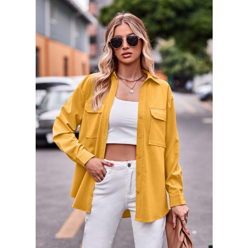 Women S Long Sleeve Solid Color Button Up Shirt With Pockets Casual