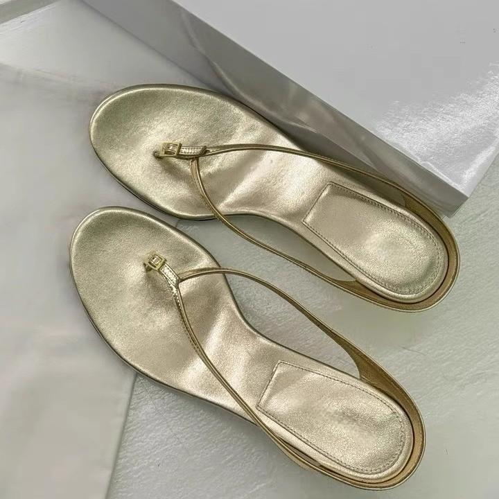 

Sheepskin version~ niche wedge heel leather flip-flops women wear retro toes with wedge heel sandals Roman shoes tide 40 золотой