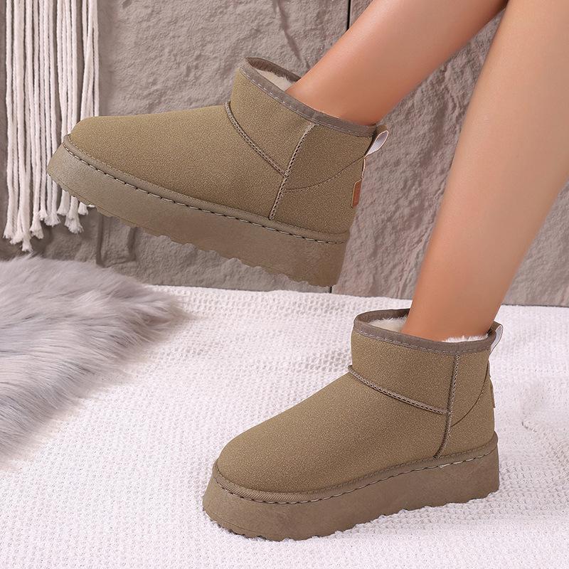 Women Winter Large Size Round Toe Thick Sole Snow Boots Casual Short Tube Velvet Fur Warm Cotton Shoes Solid Color 36-41