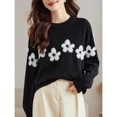 Autumn New French Jacquard Design Versatile Slim Round Neck Knitted Sweater