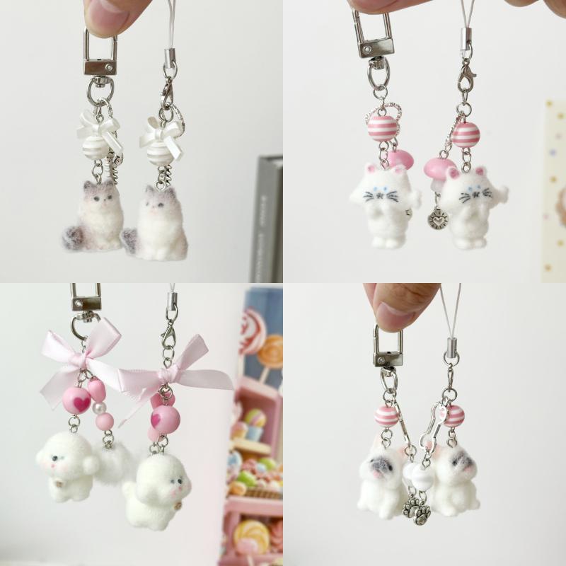 Cartoon Beflockte Katzen Hunde Anhänger Schlüsselanhänger Schlüsselring Für Frauen Mädchen Niedlicher Taschenanhänger Kawaii Handykette Geschenke