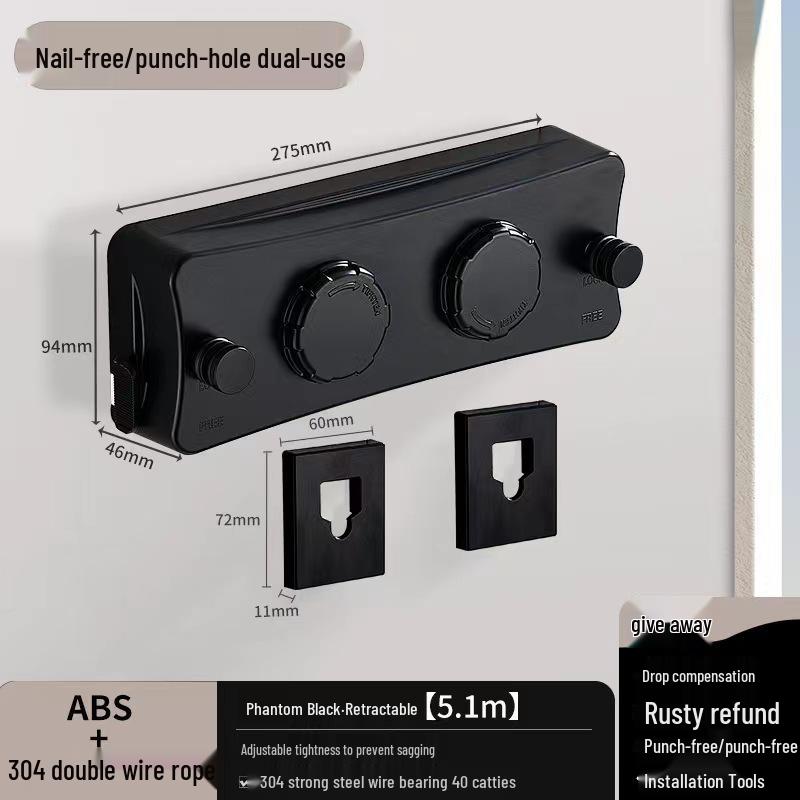 Dual-Line Retractable Indoor Clothesline, Wall-Mounted Stainless Steel, No-Drill Installation