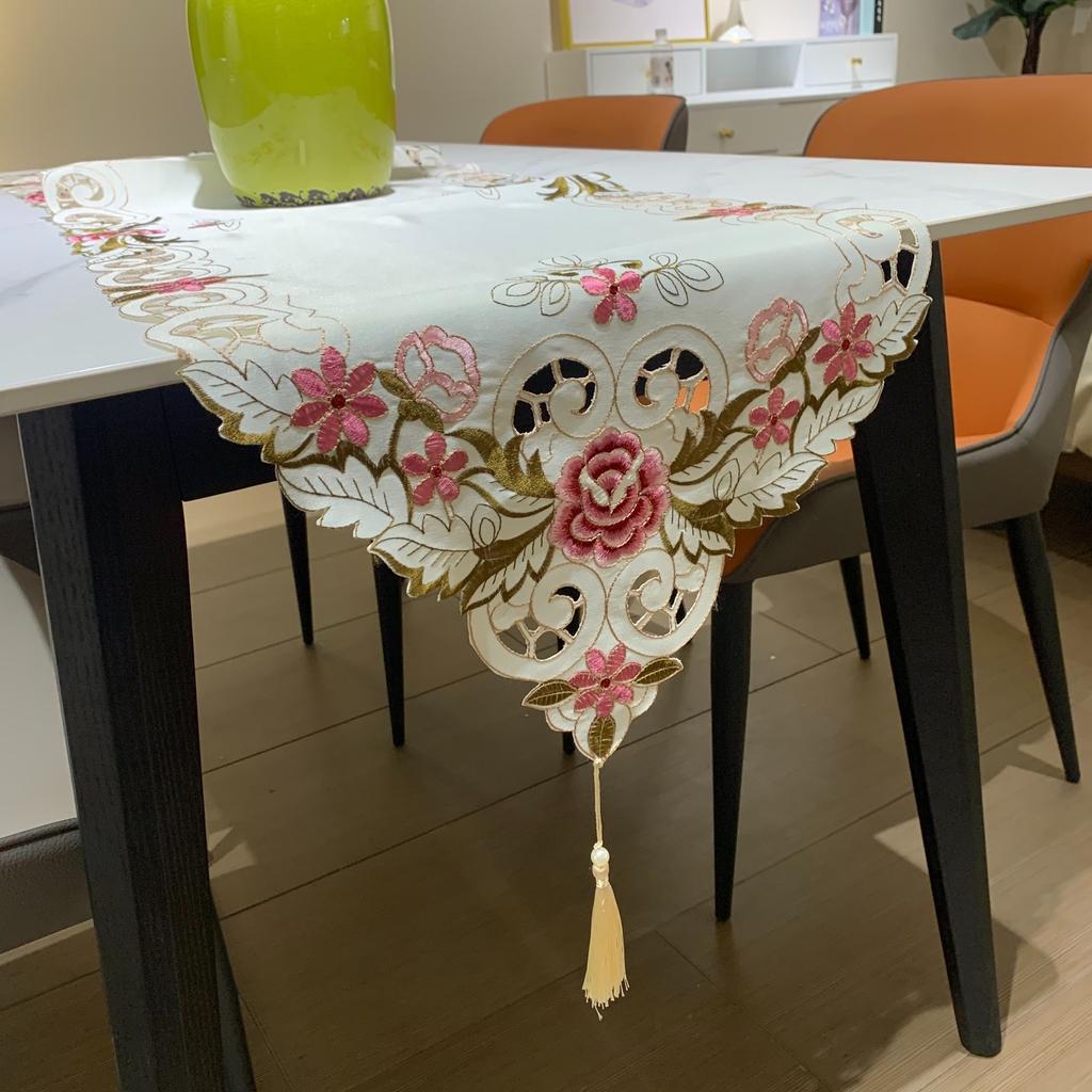 Tassel Table Flag Simple White Embroidered Polyester Fabric Tv Cabinet Rectangular European Tablecloth