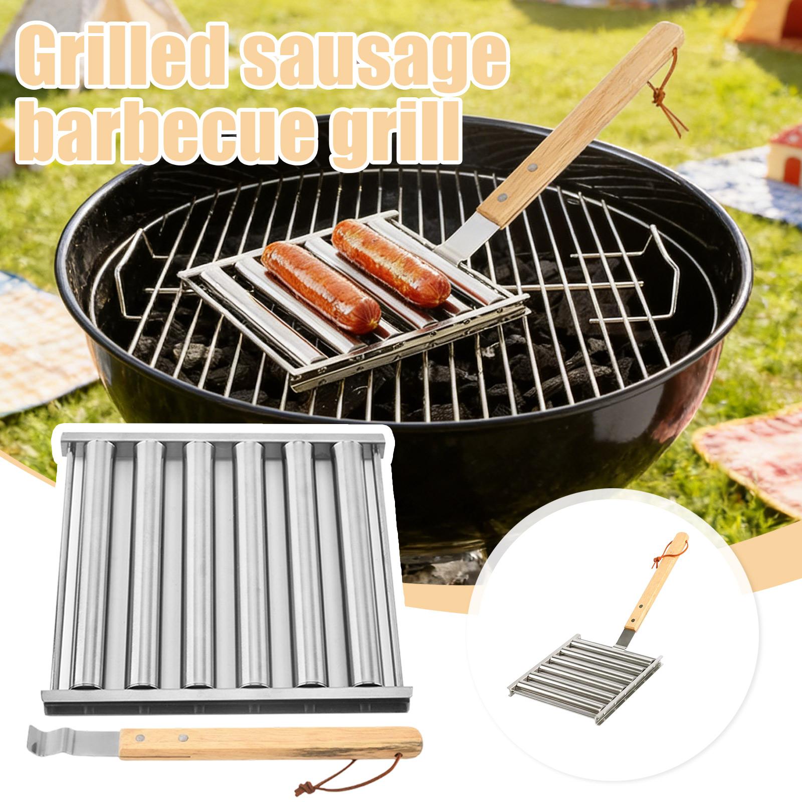 

Stainless Steel Hot Dog Roller Grill Rack with Wooden Handle Lifter for Even Cooking and Easy Turning Suitable for Home or Outdoor Use One Size