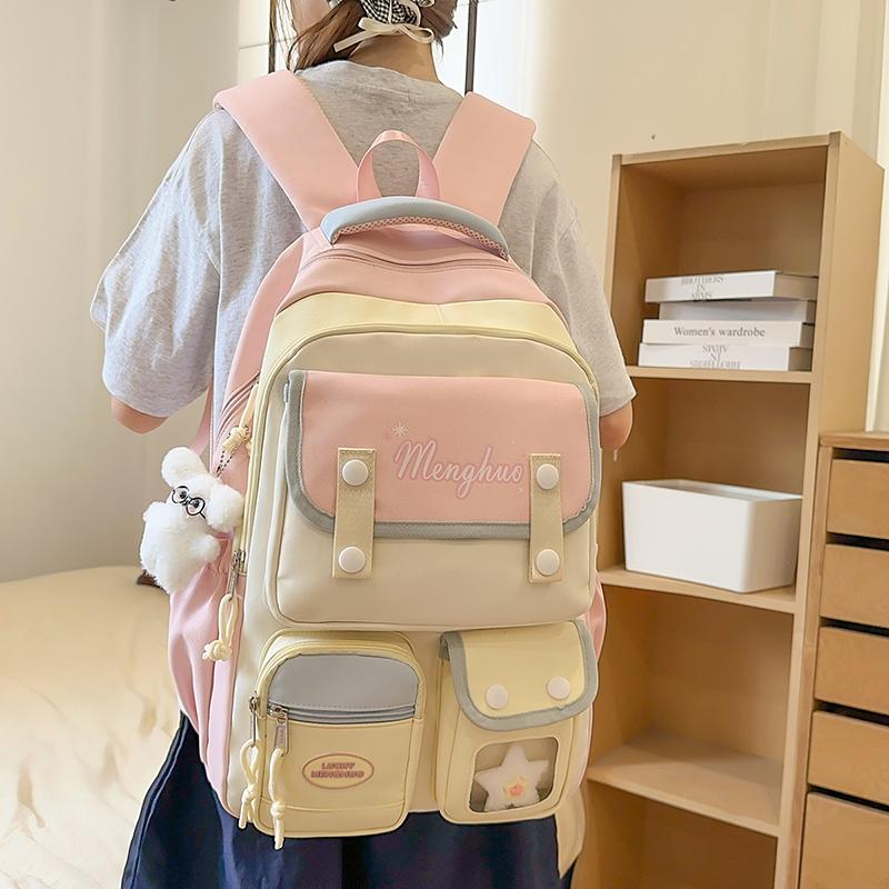 Sac d'école pour collégienne Sac à dos pour ordinateur à blocs de couleurs pour femmes Grande capacité Sac à dos pour livres