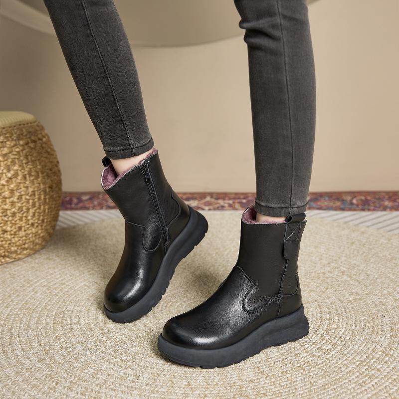 2025 autumn and winter new mother shoes round head side zipper platform short boots Martin boots women's wedge heel cotton boots factory