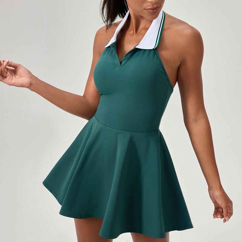 Womens Sporty Halter Neck Tennis Dress With Contrast Collar Golf Fitness Jumpsuit Active Wear