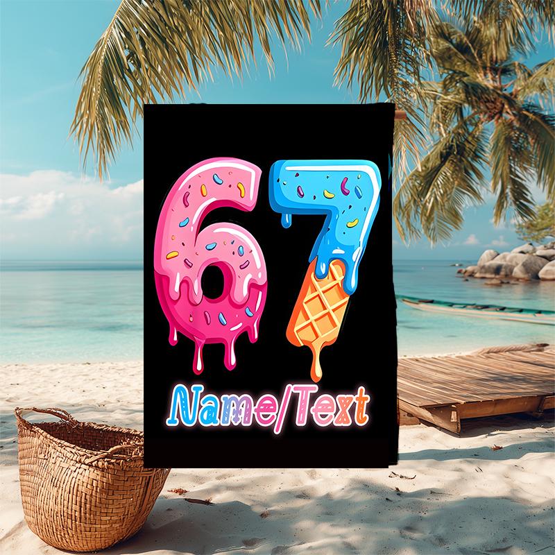 1PC Custom Name "Sweet 67th Celebration" Beach Towel Highly Absorbent And Sand-Resistant Towel for Swimming, Pool, Yoga, And Travel Lightweight