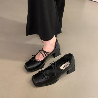Square Head Ballet Single Shoes Small Leather Shoes 2025 New Bow Light Mouth Thick Heel Mary Jane Shoes Women