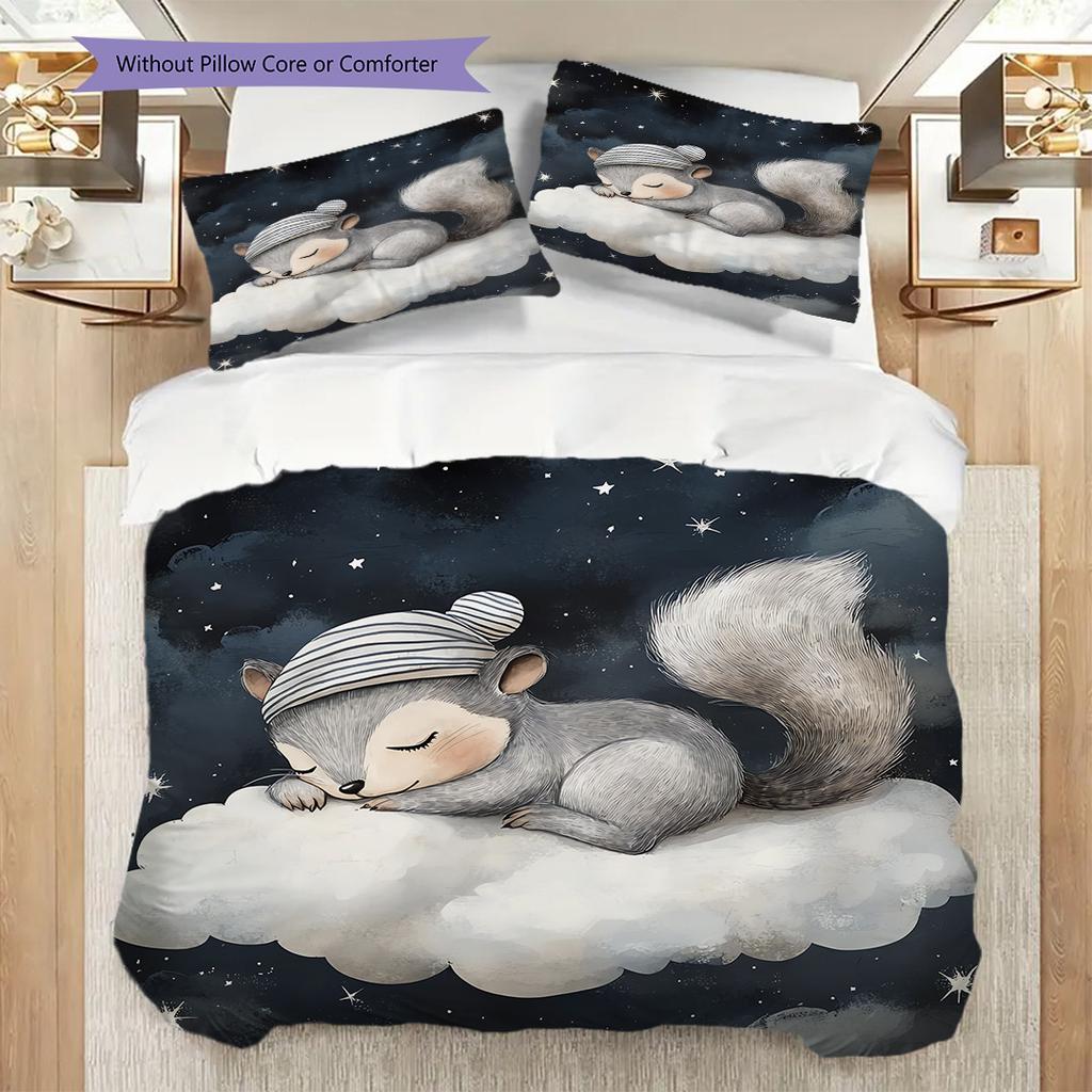 Squirrel Pattern Bedding Quilt Set Quilt Cover Pillowcase Home Decoration Birthday Gift (1 * Duvet Cover + 2 * Pillowcase, Without Core)