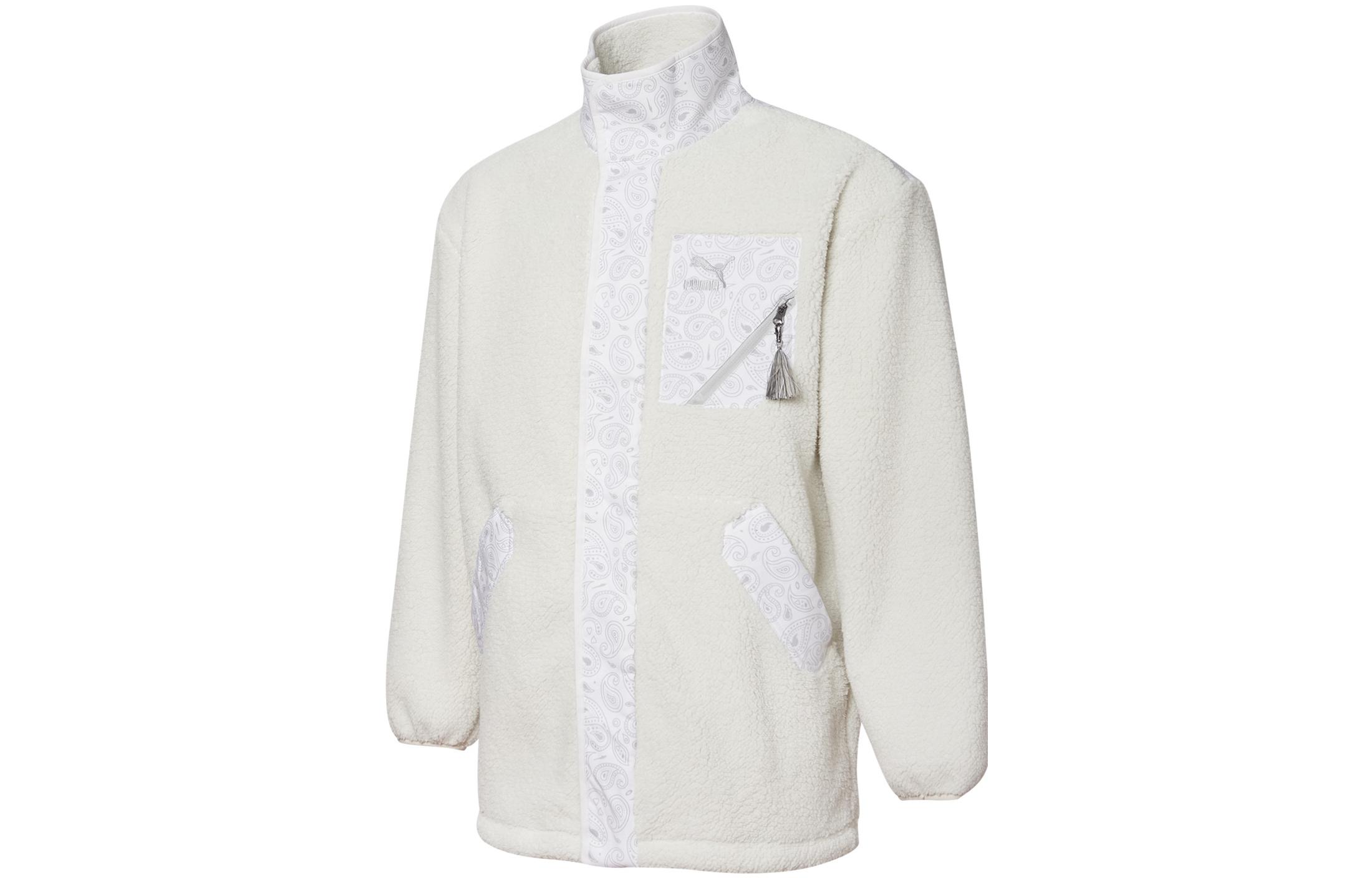 PUMA Paisley Patchwork Pocket Faux Sherpa Fleece Stand Collar Jacket Winter Velvet feel Coat Unisex Ecru 534984-05 L