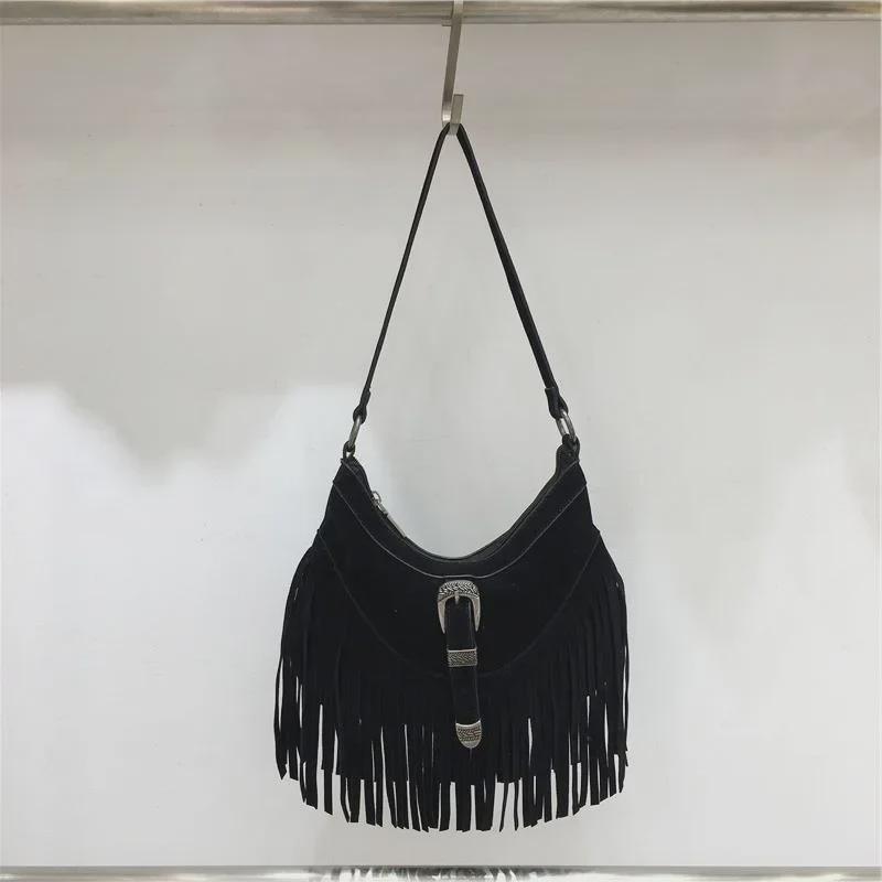 2024 Autumn/Winter Retro Suede Tassel Shoulder Handbag