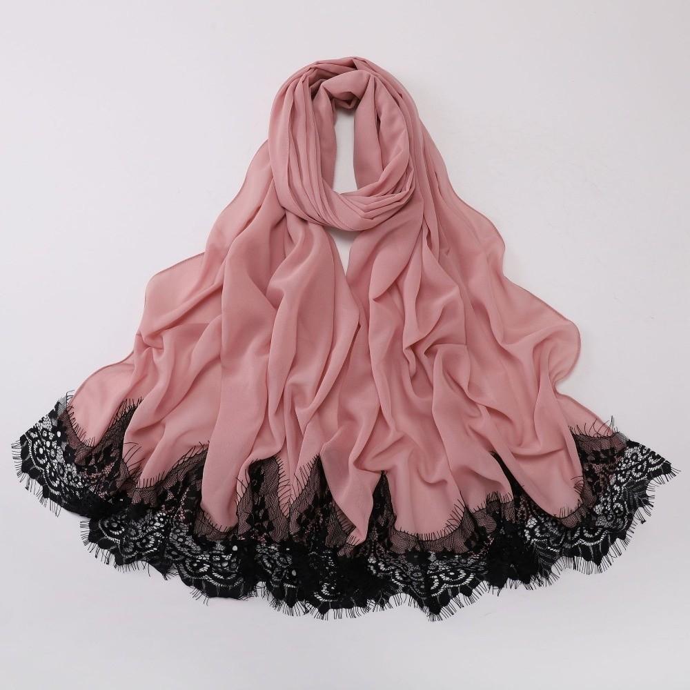 Pearl Chiffon Lace Edge Scarf Eyelash Black Lace Islamic Shawl Wrap Soft Long Hijab  Daily Wear
