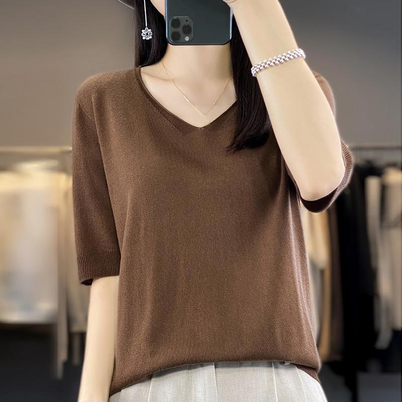 Camiseta de manga corta de verano para mujer, mezcla de 50 % seda morera y poliéster | Top informal ligero, transpirable y ajustado