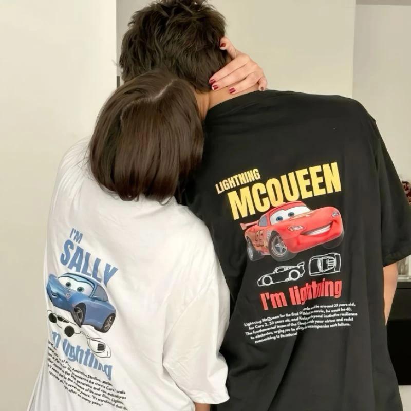 Summer New Lightning Mcqueen and Sally Car Print Men Women T-shirt Sally and Mcqueen Cotton Short Sleeve Tees Casual Couple Tops
