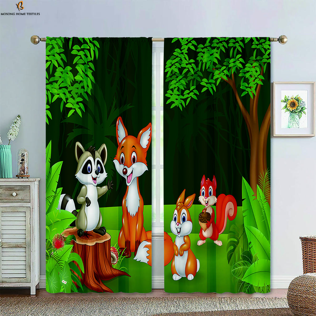 Cartoon Tier Wald Bedruckte Vorhänge Verdunkelungsvorhänge Kinderzimmer Arbeitszimmer Studentenwohnheim Dekorative Vorhänge Heimdeko 2 STÜCKE