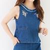 SOMETHING ACOUSTIC Cherry Blossom Embroidery Denim Top
