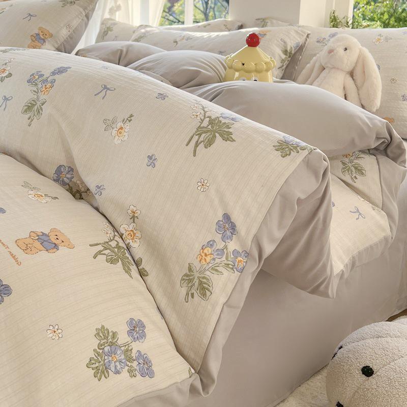 Class A Fresh Four-Piece Set: Washed Cotton Bed Sheet & Duvet Cover with Double Layer Gauze - Home Bedding Collection