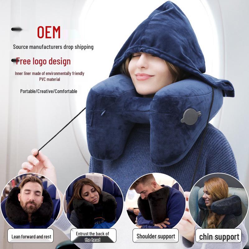 Custom Inflatable Hooded U-shaped Neck Pillow for Travel and Napping.