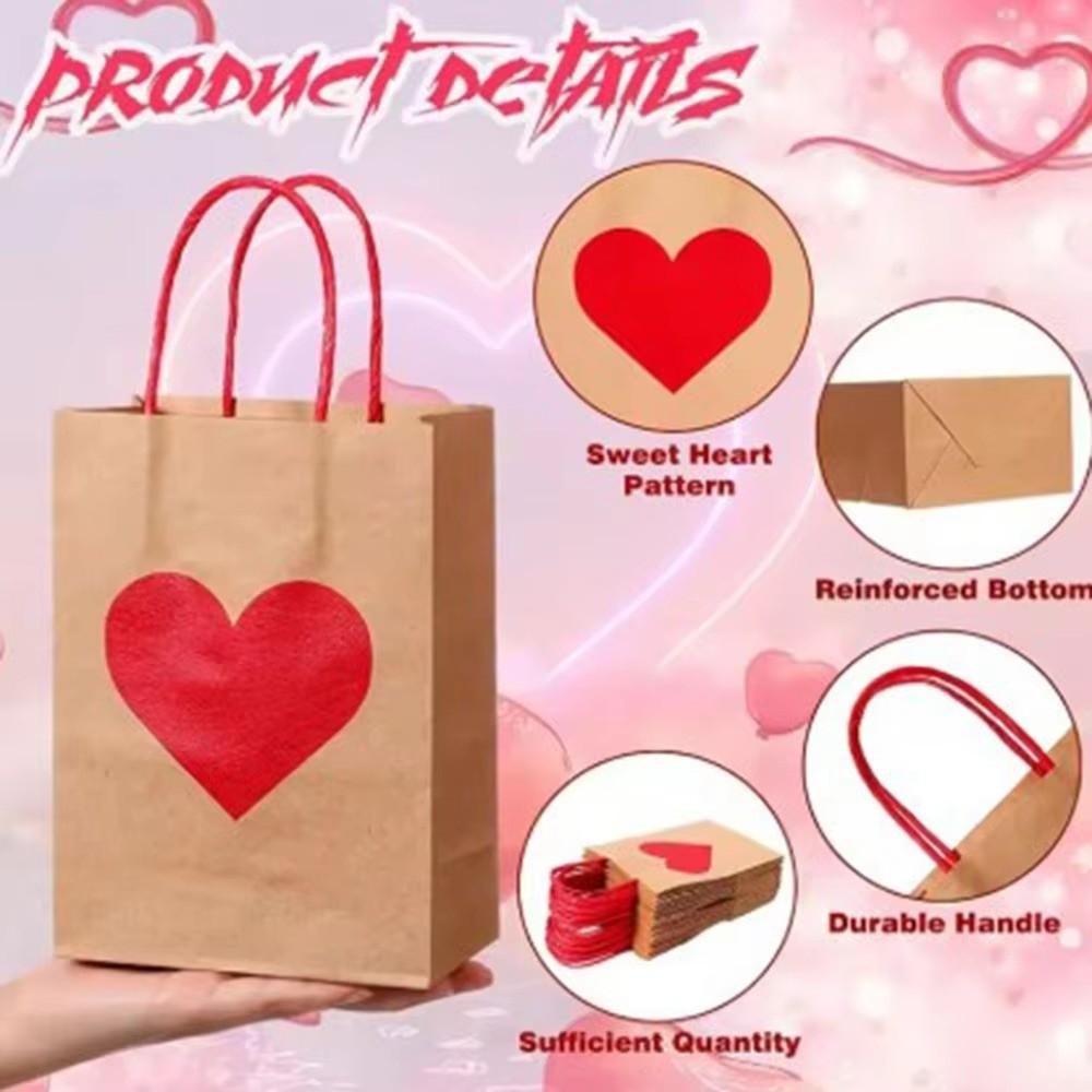 10/12pcs Red Heart Kraft Kraft Paper Gift Bags Handheld Candy Packaging Bag Wedding Party