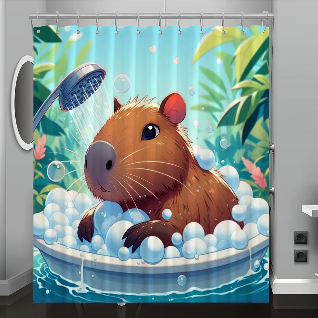 Capybara Cartoon Pattern Digital Print Shower Curtain - Machine Washable, Reversible Polyester,  All-Season Bathroom/Home Decor