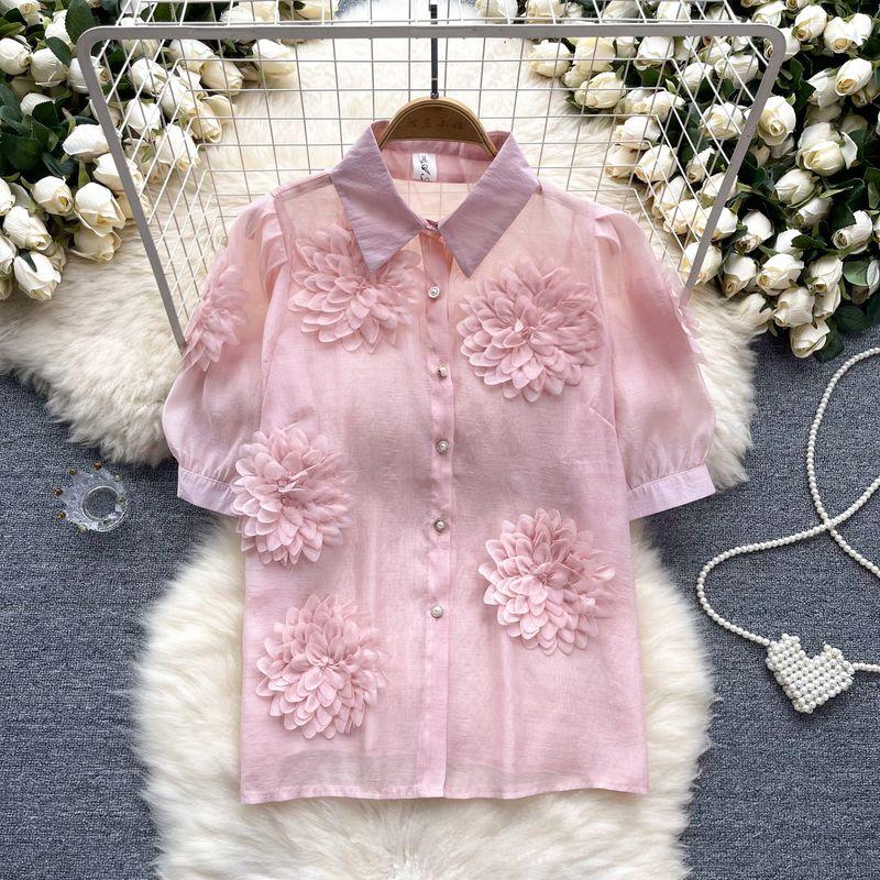 

Shirt Women s Summer Wear 2024 New Arrival French Minority Unique Chic Shirt Three-Dimensional Flower Puff Sleeves Easiest for Match Tops Pink L