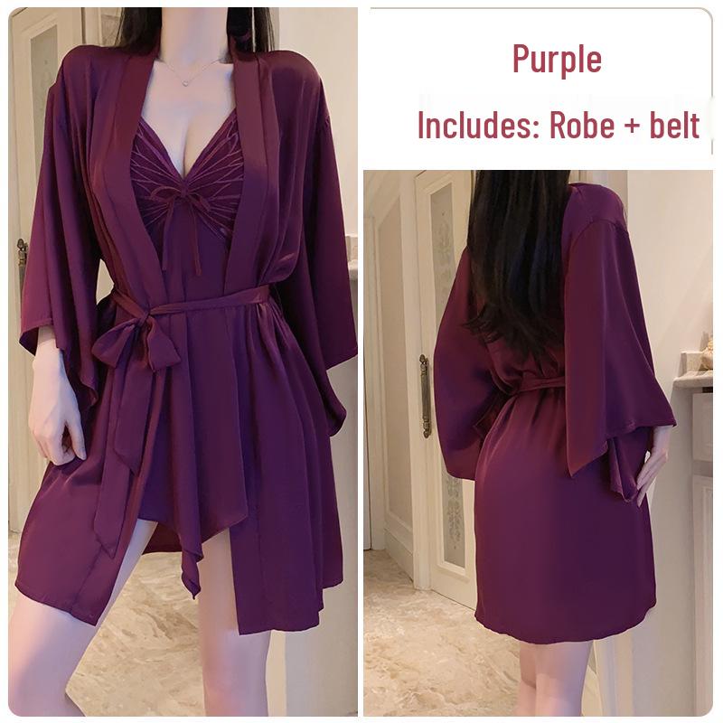 Set de pijama superb din mătase de gheață plus size cu cupe la piept și fundă - Rochie de dormit și halat exterior P3945