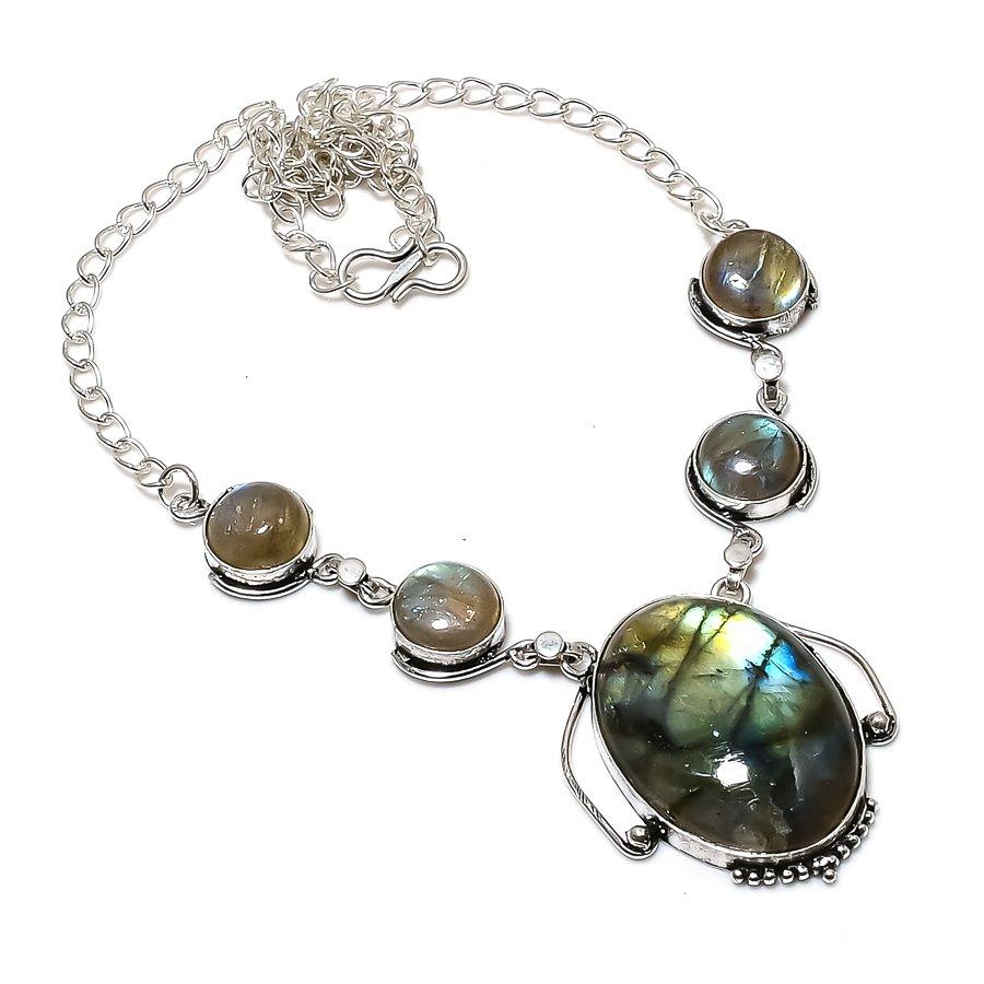Natural Labradorite Gemstone 925 Sterling Silver Jewelry Necklace 18" ASN-6134